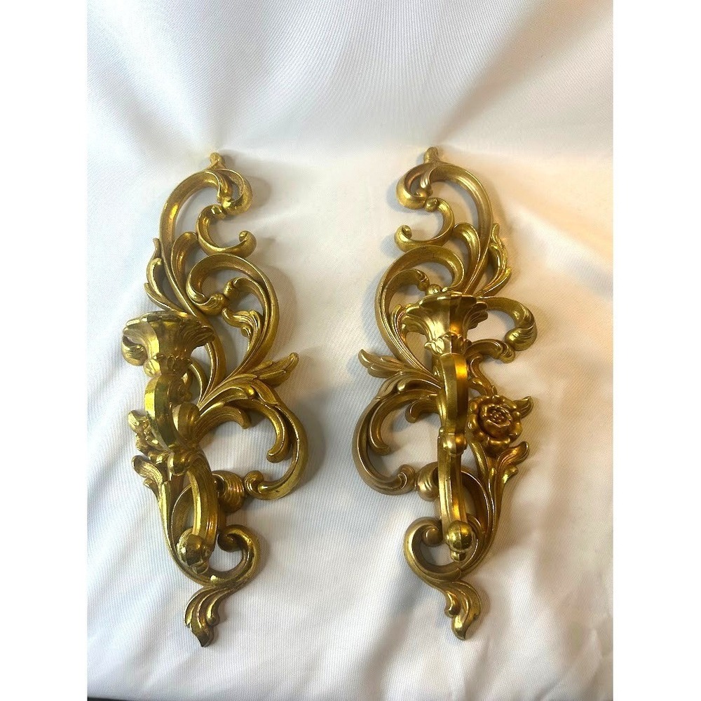 Vintage Syroco Gold Wall Sconces Hollywood Regency Floral Scroll Candle Holders